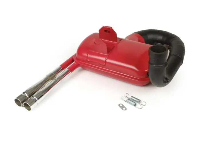 Must-Have Pot d’échappement -RR-Box sport tuyau jumeau- Vespa PX80, PX125, PX150 - 166cc, 177cc - rouge