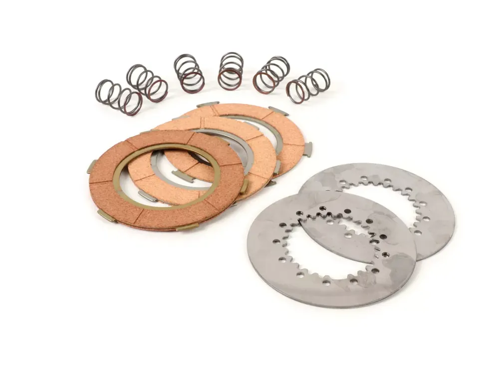 Kit disques d’embrayage garnis -BGM ORIGINAL type 6 ressorts (PX80, PX125, PX150)- 3 disques qualité premium (ressorts et disques lisses incl.) Offre Exclusive